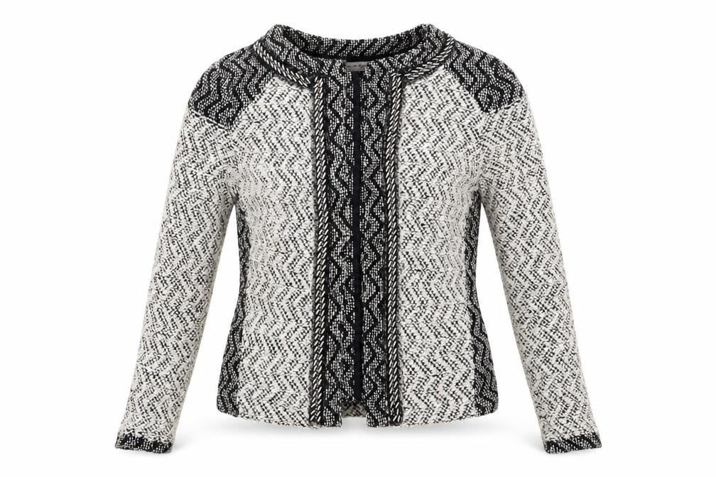 Front view of Miss Selfridge women’s grey round neck geometric cotton cardigan jumper, size UK 4