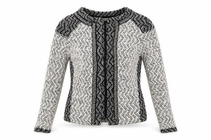 Front view of Miss Selfridge women’s grey round neck geometric cotton cardigan jumper, size UK 4