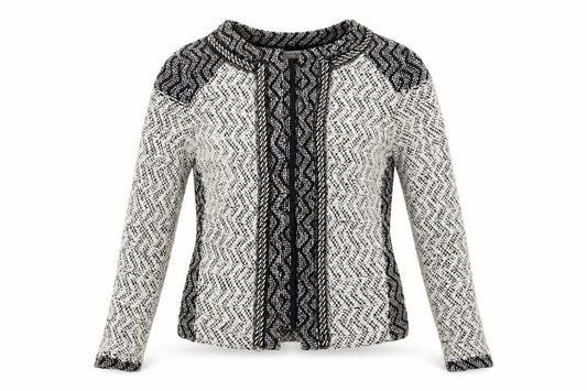 Front view of Miss Selfridge women’s grey round neck geometric cotton cardigan jumper, size UK 4