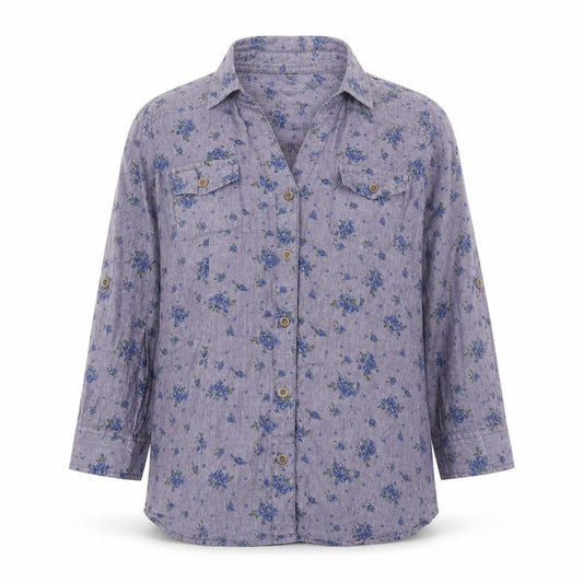 Front view of Fun & Flirt women’s blue floral cotton basic button-up, size S, collared