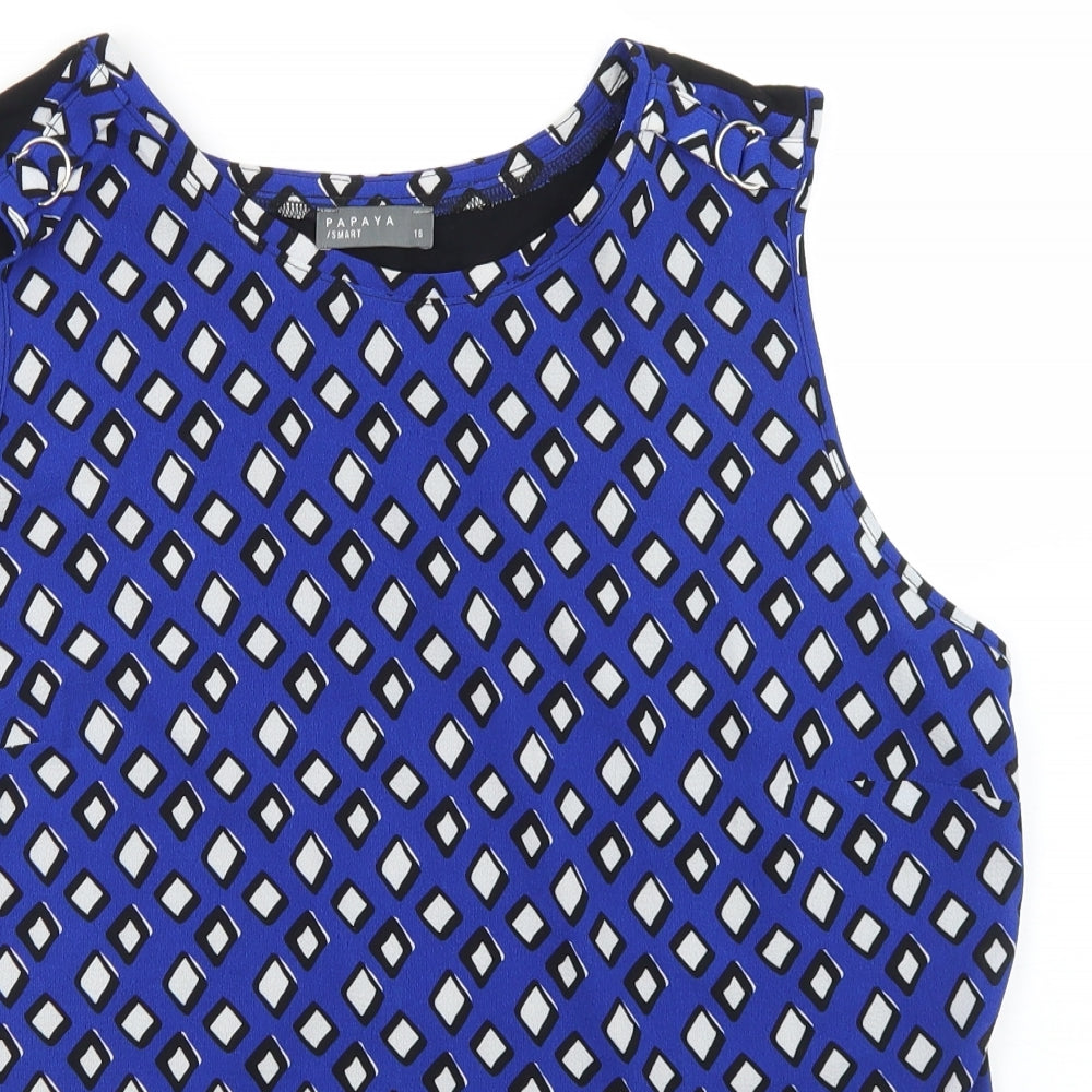 Papaya Womens Blue Argyle/Diamond Polyester Basic Blouse Size 16 Round Neck