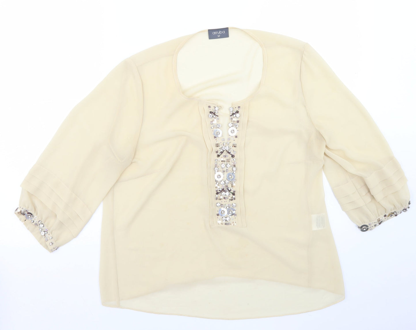 arruba Womens Beige  Polyester Basic Blouse Size 12 Round Neck