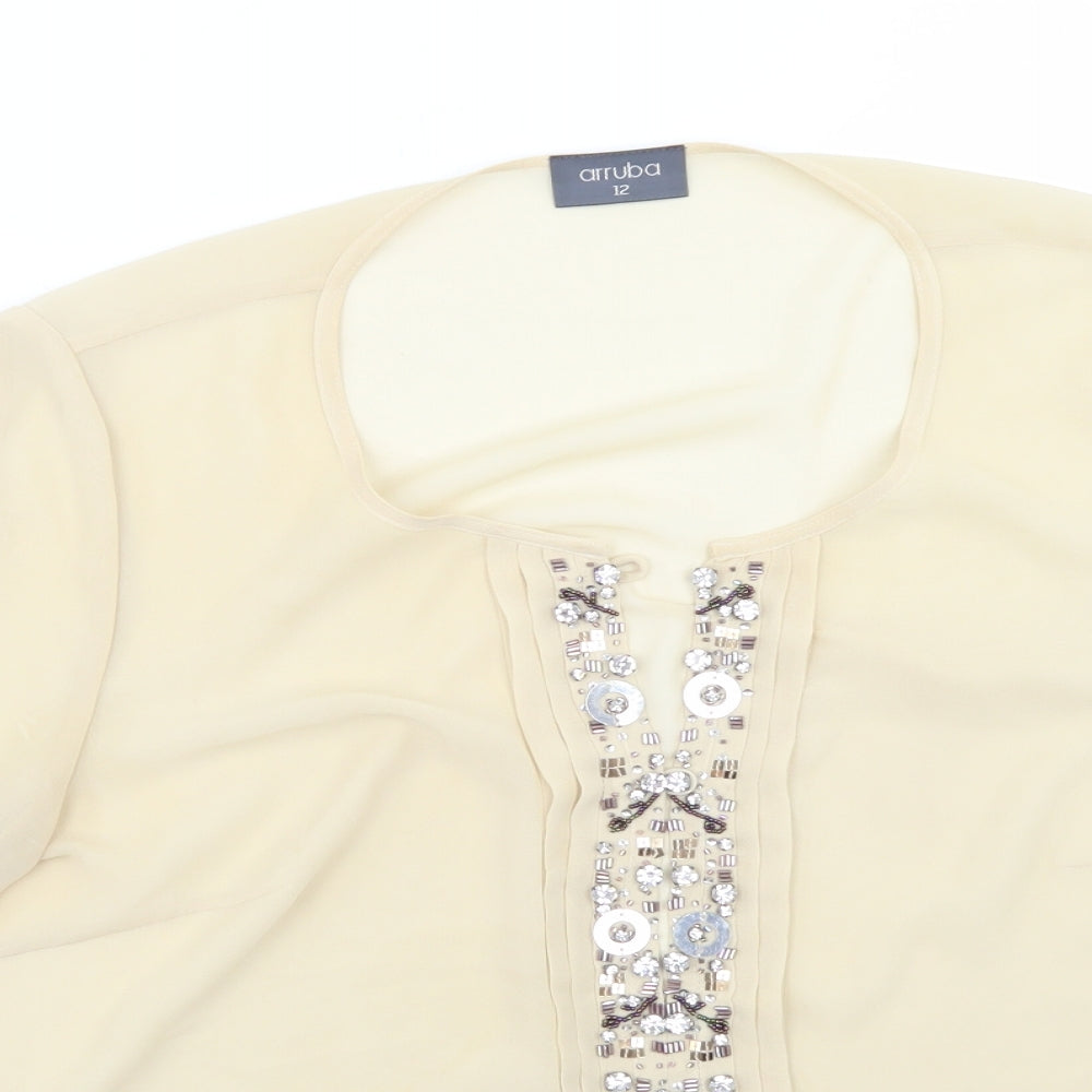 arruba Womens Beige  Polyester Basic Blouse Size 12 Round Neck