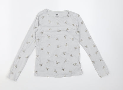 H&M Girls Grey Geometric Cotton Basic Casual Size 9-10 Years Crew Neck Pullover - Reindeer