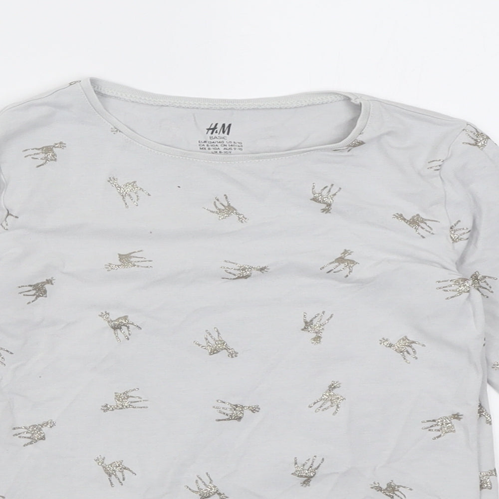 H&M Girls Grey Geometric Cotton Basic Casual Size 9-10 Years Crew Neck Pullover - Reindeer