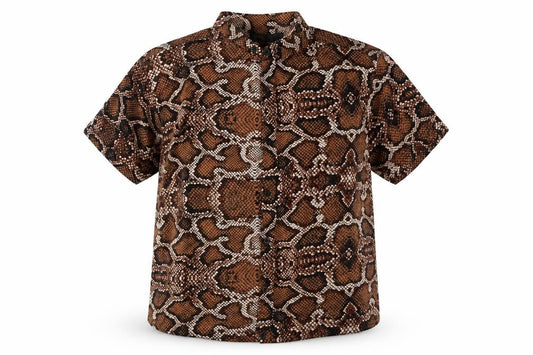 Front view of nexoluce women’s brown animal print viscose basic button-up, size UK 14, collared