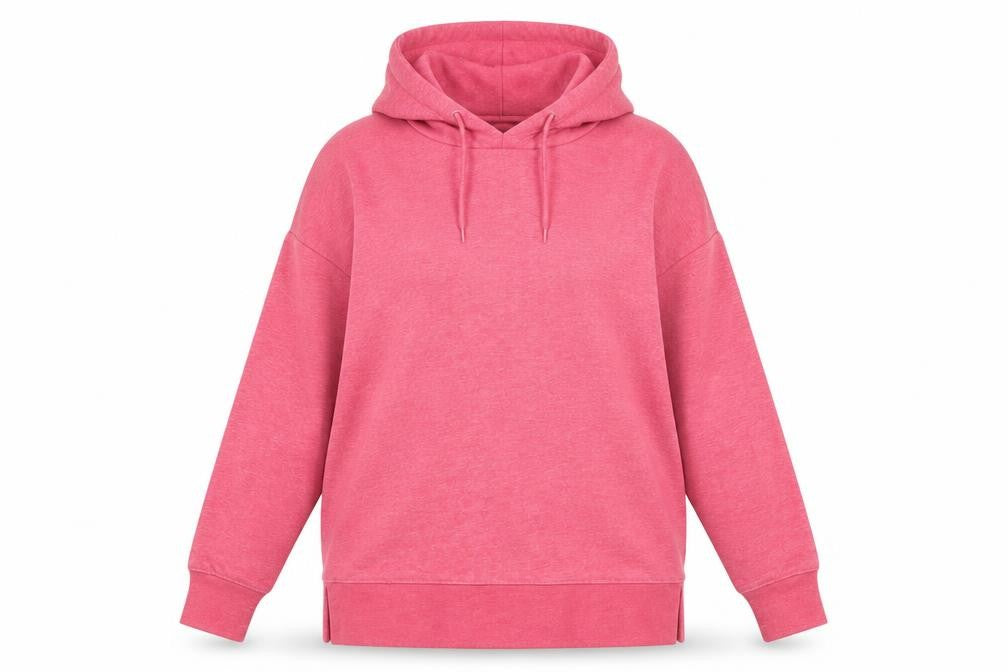Front view of Dunnes women’s pink cotton pullover hoodie, size M, pullover