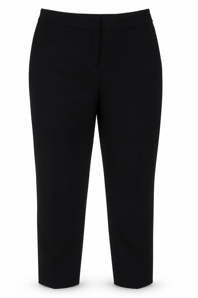 Front view of Preworn women’s black polyester trousers, size UK 12, 28-inch leg regular hook & eye