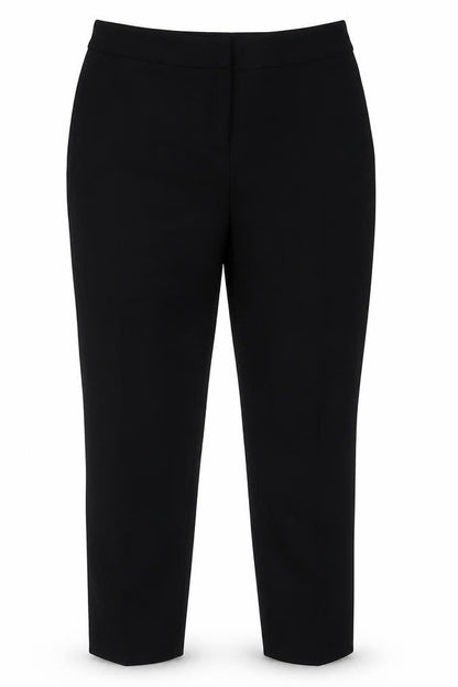 Front view of Preworn women’s black polyester trousers, size UK 12, 28-inch leg regular hook & eye