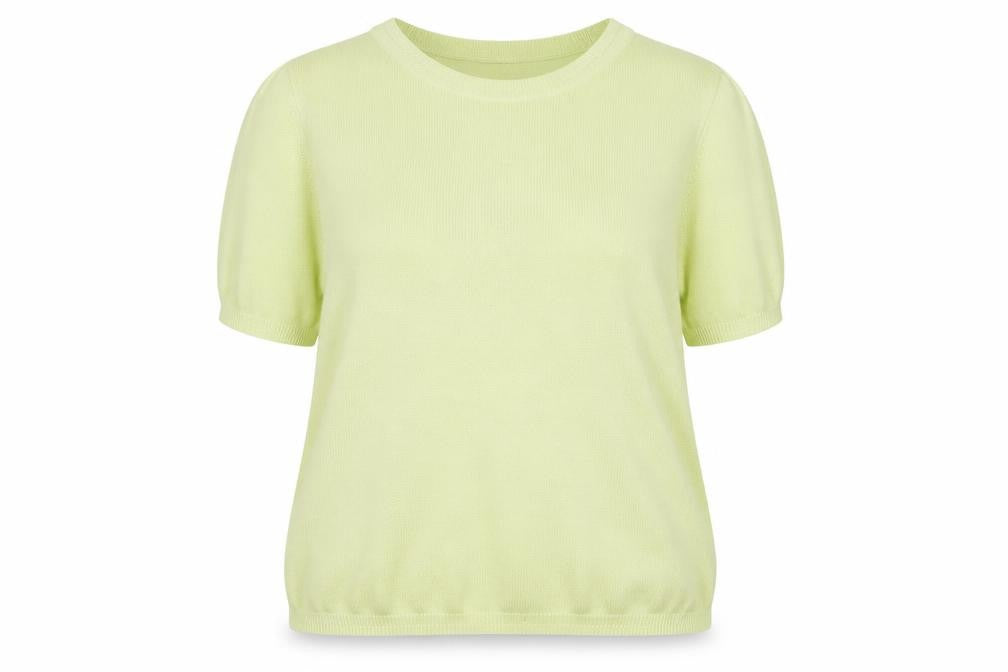 Front view of Marks & Spencer women’s yellow round neck acrylic jumper, size UK 18