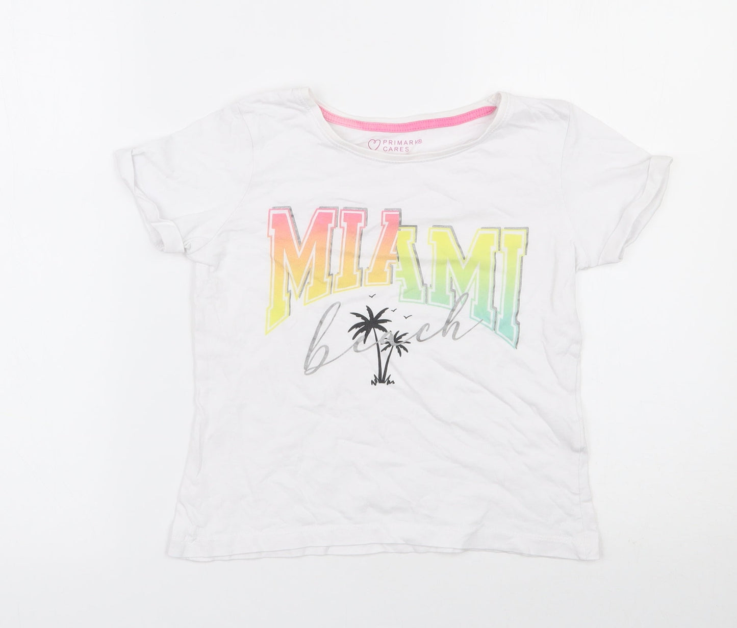 Primark Girls White  100% Cotton Basic T-Shirt Size 8-9 Years Round Neck Pullover - Miami