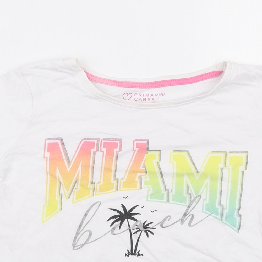 Primark Girls White  100% Cotton Basic T-Shirt Size 8-9 Years Round Neck Pullover - Miami
