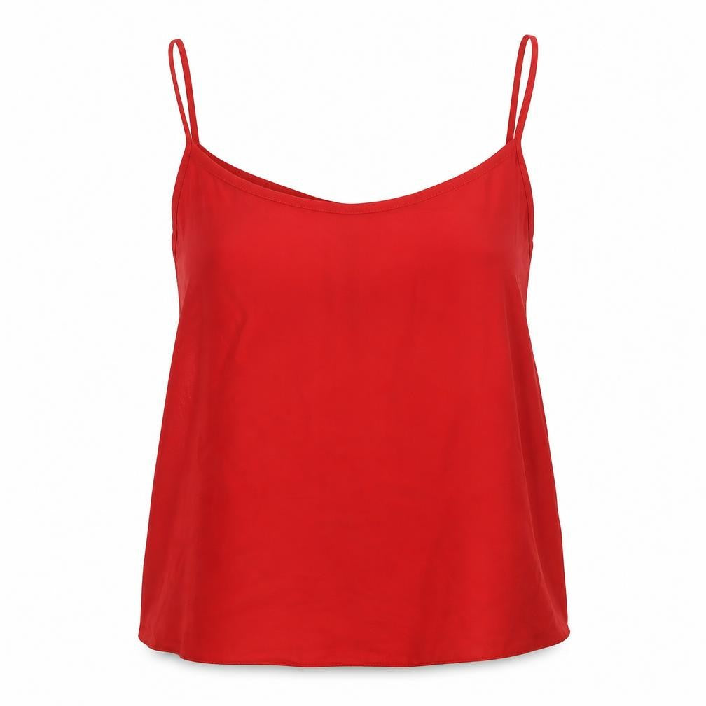 Front view of F&F women’s red polyester camisole blouse, size UK 10, scoop neck