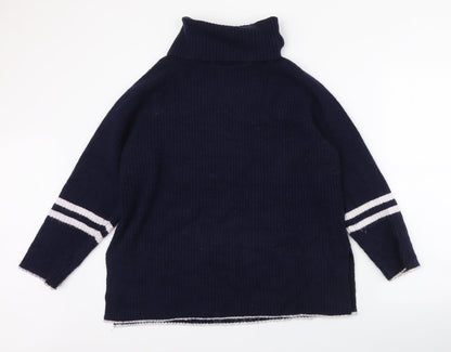 First Avenue Womens Blue Roll Neck Striped Acrylic Pullover Jumper Size M