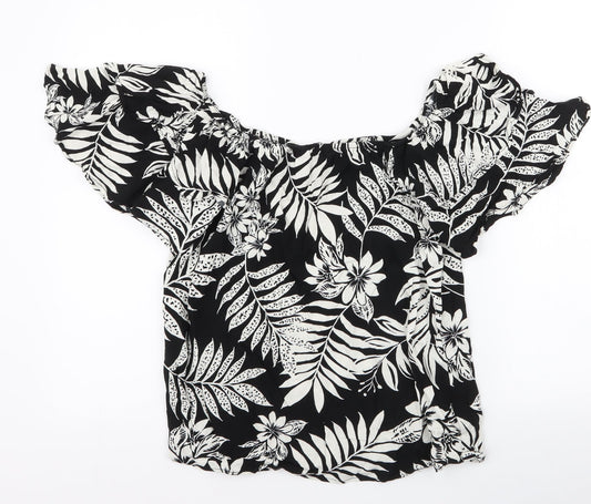 F&F Womens Black Floral Viscose Basic Blouse Size 10 Off the Shoulder