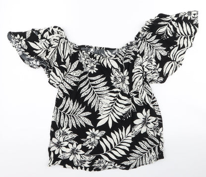 F&F Womens Black Floral Viscose Basic Blouse Size 10 Off the Shoulder