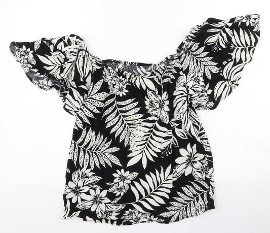 F&F Womens Black Floral Viscose Basic Blouse Size 10 Off the Shoulder