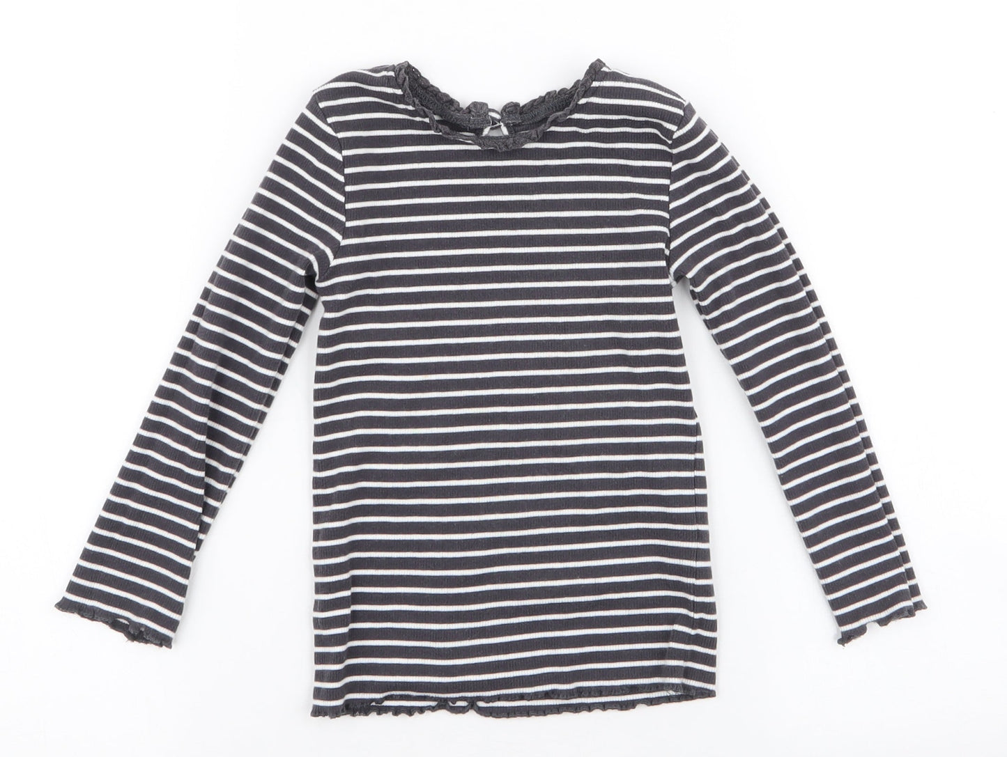 Dunnes Stores Girls Grey Striped Cotton Jersey T-Shirt Size 2-3 Years Round Neck Button