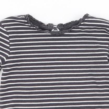 Dunnes Stores Girls Grey Striped Cotton Jersey T-Shirt Size 2-3 Years Round Neck Button