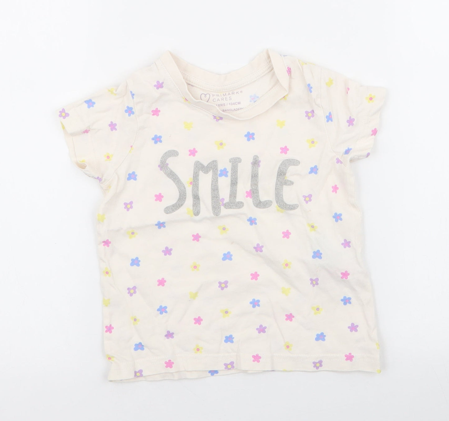 Primark Girls White Spotted 100% Cotton Jersey T-Shirt Size 3-4 Years Round Neck Pullover - smile , flowers