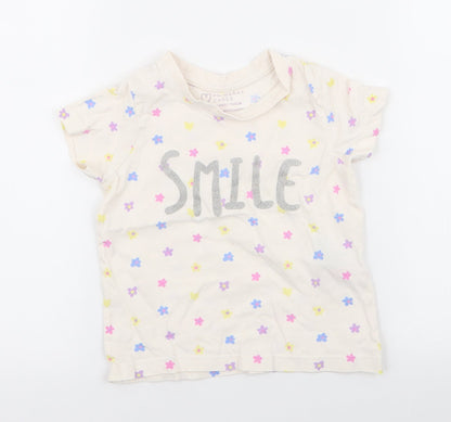 Primark Girls White Spotted 100% Cotton Jersey T-Shirt Size 3-4 Years Round Neck Pullover - smile , flowers