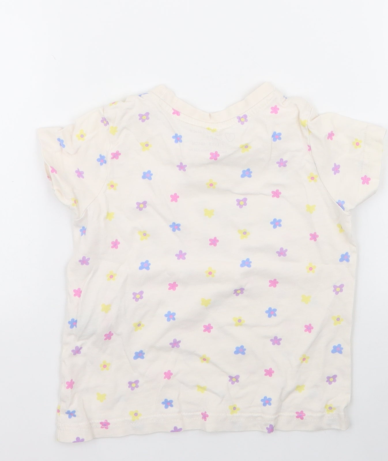 Primark Girls White Spotted 100% Cotton Jersey T-Shirt Size 3-4 Years Round Neck Pullover - smile , flowers
