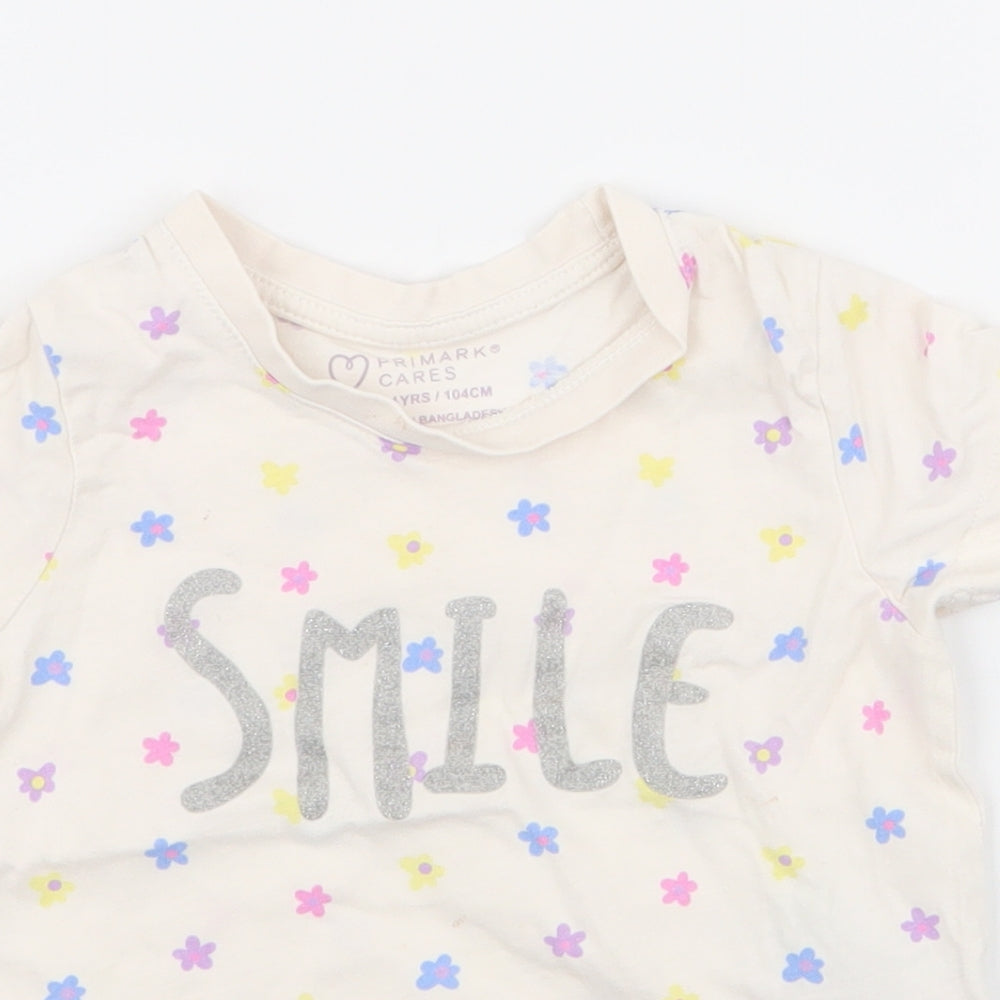 Primark Girls White Spotted 100% Cotton Jersey T-Shirt Size 3-4 Years Round Neck Pullover - smile , flowers