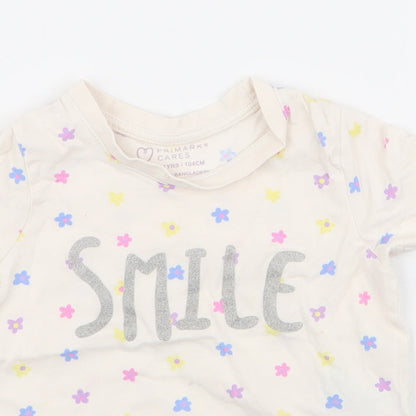 Primark Girls White Spotted 100% Cotton Jersey T-Shirt Size 3-4 Years Round Neck Pullover - smile , flowers
