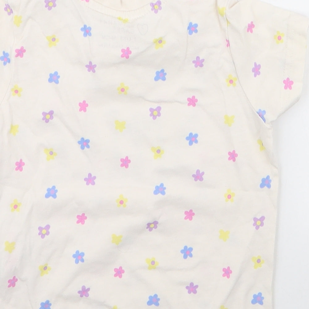 Primark Girls White Spotted 100% Cotton Jersey T-Shirt Size 3-4 Years Round Neck Pullover - smile , flowers