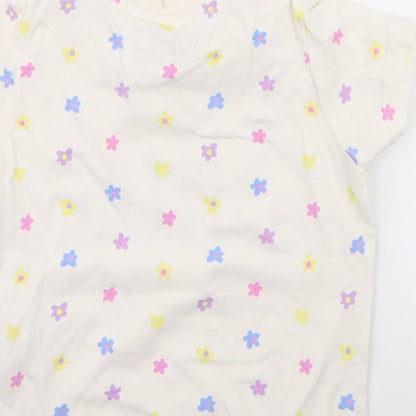 Primark Girls White Spotted 100% Cotton Jersey T-Shirt Size 3-4 Years Round Neck Pullover - smile , flowers