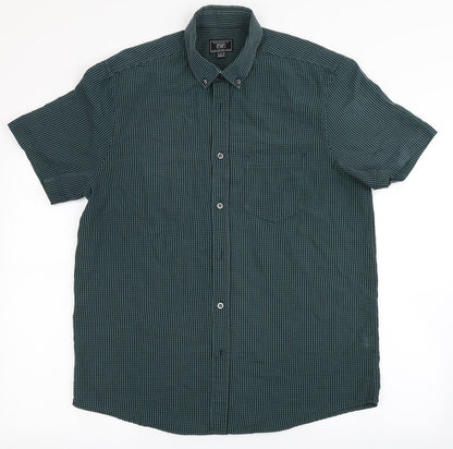 F&F Mens Green Striped Polyester  Button-Up Size M Round Neck Button - Chest Pocket