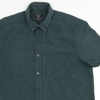 F&F Mens Green Striped Polyester  Button-Up Size M Round Neck Button - Chest Pocket