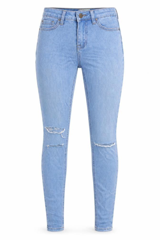 Front view of New Look women’s blue cotton skinny jeans, size UK 6, 28-inch leg regular