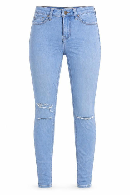 Front view of New Look women’s blue cotton skinny jeans, size UK 6, 28-inch leg regular