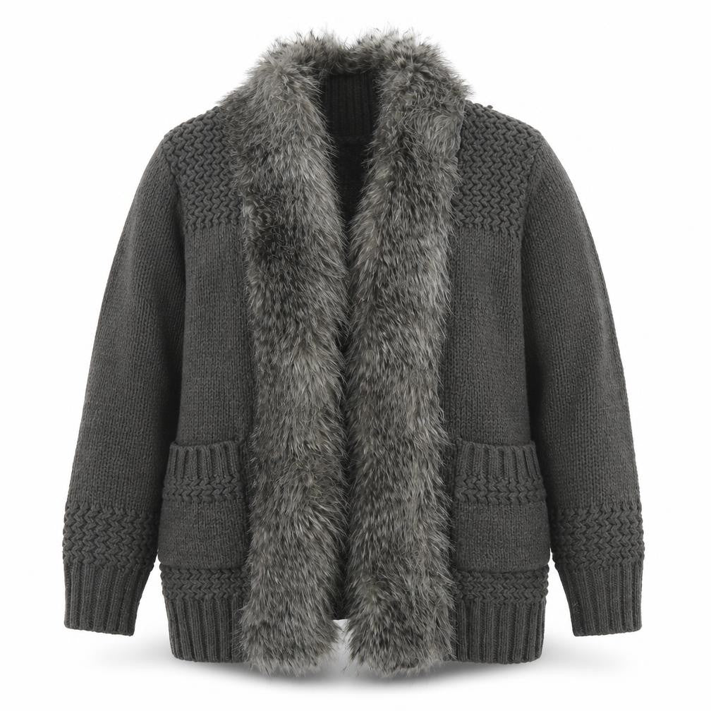 Front view of Topshop women’s grey v-neck acrylic cardigan jumper, size UK 10