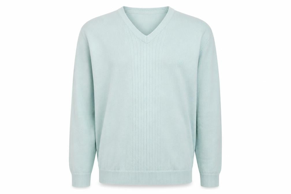 Front view of WOODVILLE men’s blue v-neck cotton jumper, size 2XL