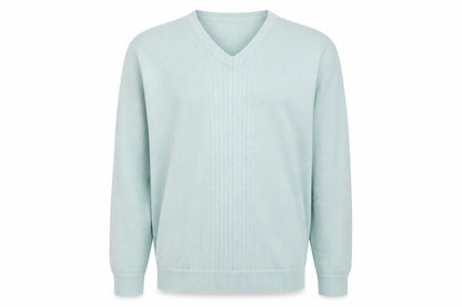 Front view of WOODVILLE men’s blue v-neck cotton jumper, size 2XL