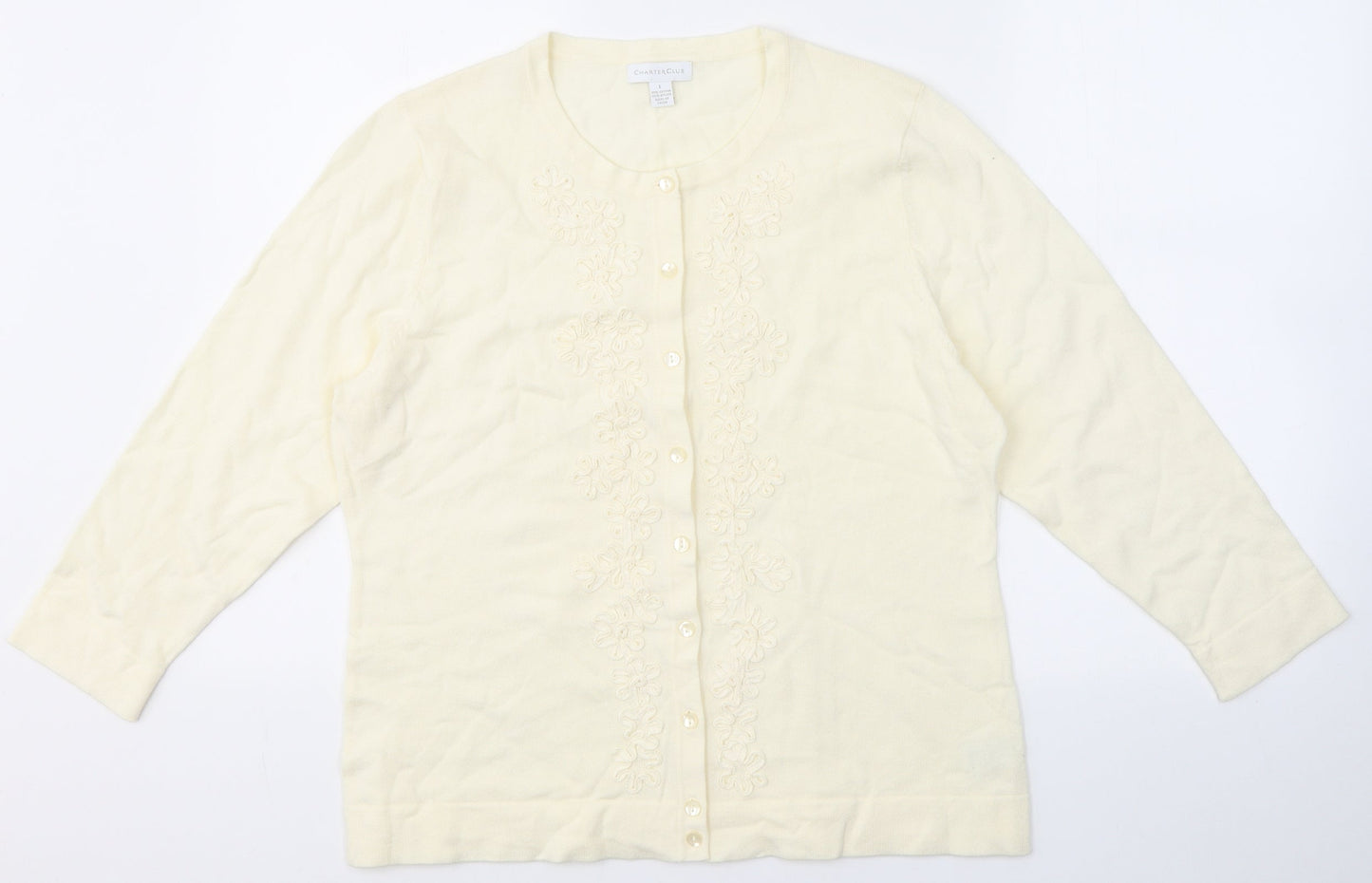 Charter Club Womens Ivory Round Neck Floral Polyester Cardigan Jumper Size L