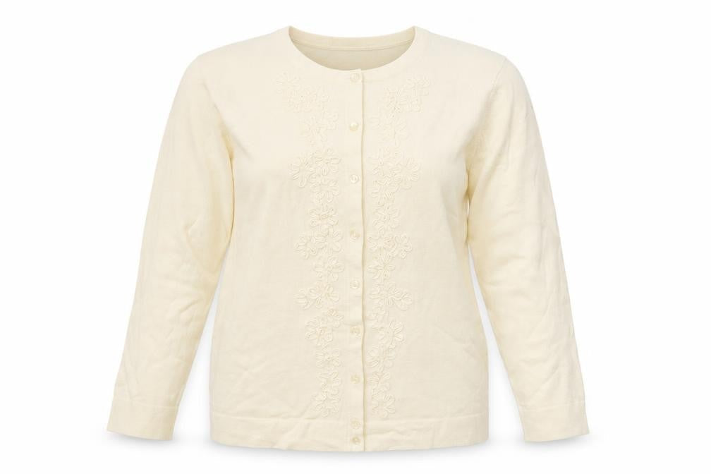 Front view of Charter Club women’s ivory round neck floral polyester cardigan jumper, size L
