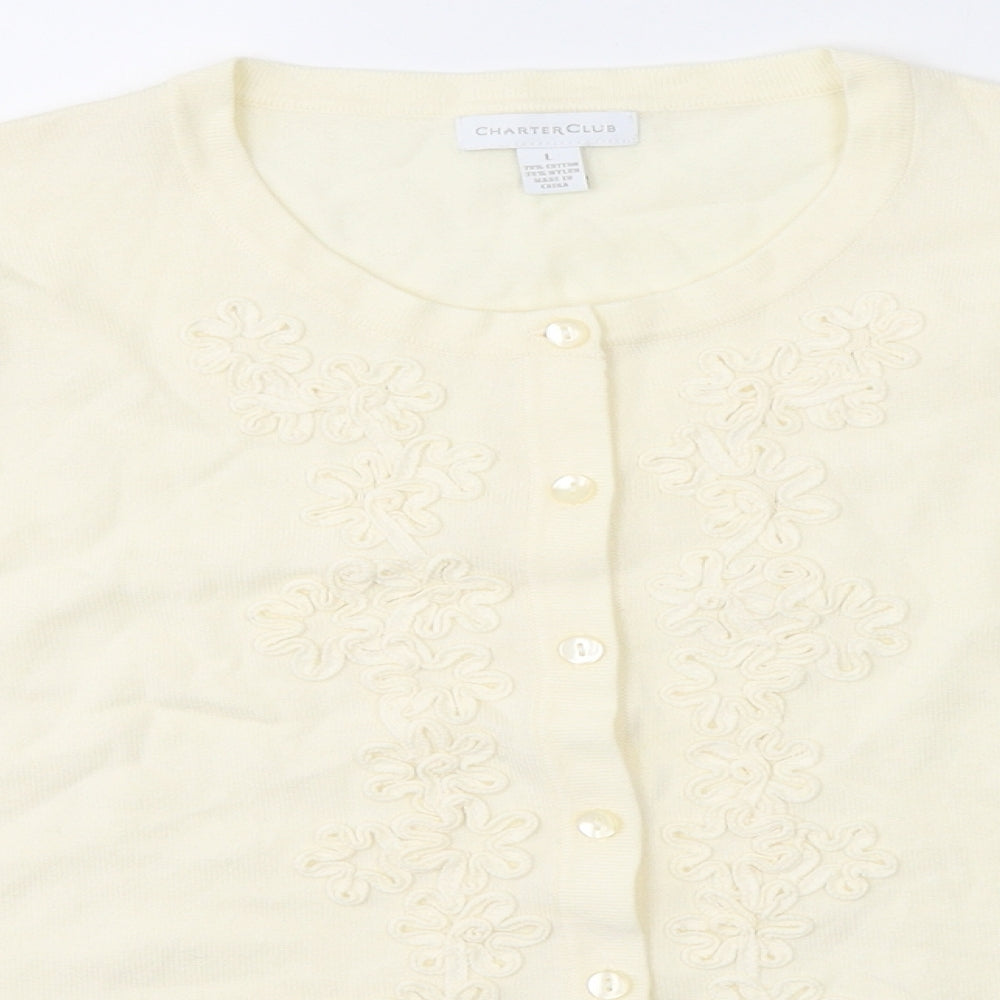 Charter Club Womens Ivory Round Neck Floral Polyester Cardigan Jumper Size L