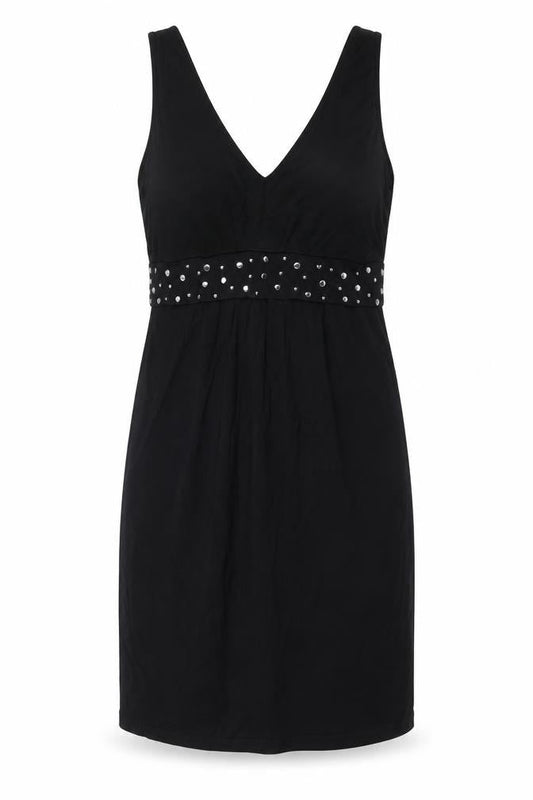 Front view of Oltre women’s black viscose fit & flare, size XL, v-neck