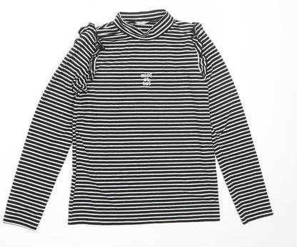 F&F Girls Black High Neck Striped Polyester Pullover Jumper Size 10-11 Years