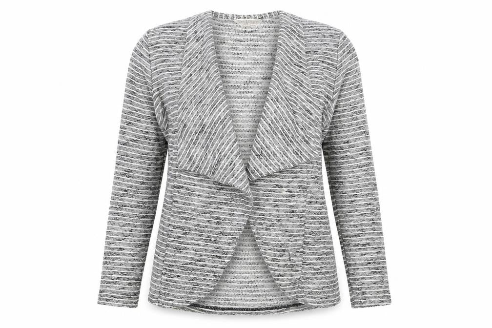Front view of Dorothy Perkins women’s grey round neck polyester cardigan jumper, size UK 12