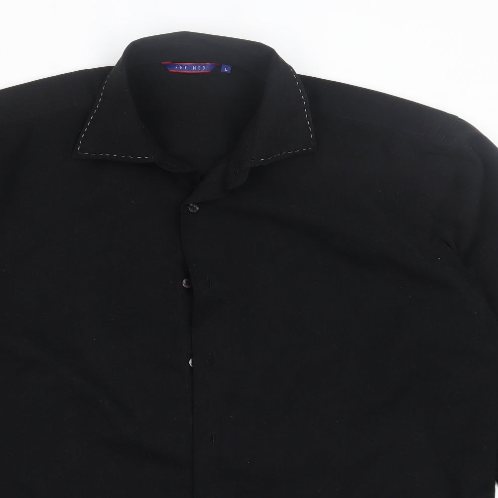 Refined Mens Black  Polyester  Button-Up Size L Collared