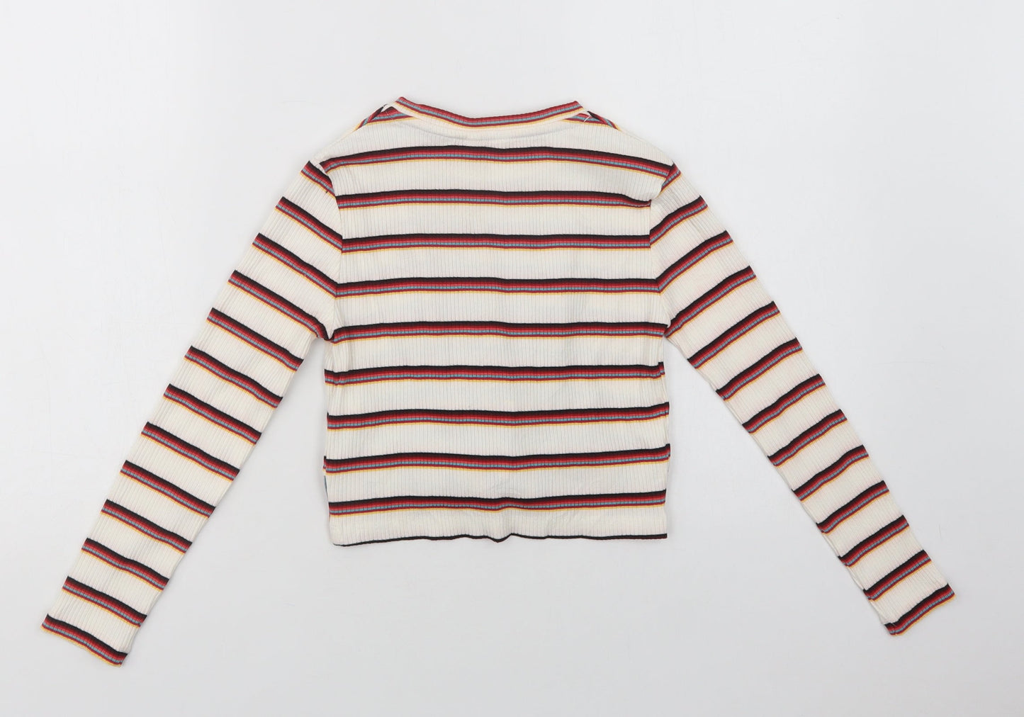 M & Co Girls Ivory Striped Cotton Basic Blouse Size 8-9 Years Crew Neck