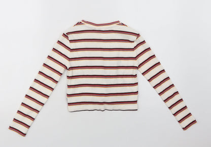 M & Co Girls Ivory Striped Cotton Basic Blouse Size 8-9 Years Crew Neck