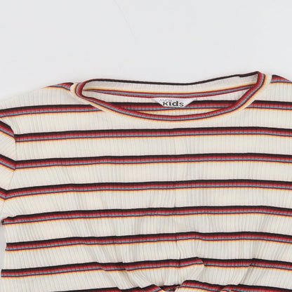 M & Co Girls Ivory Striped Cotton Basic Blouse Size 8-9 Years Crew Neck
