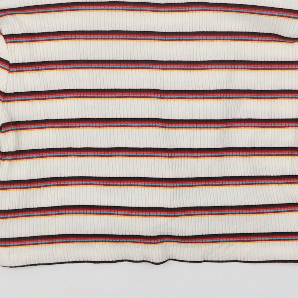 M & Co Girls Ivory Striped Cotton Basic Blouse Size 8-9 Years Crew Neck