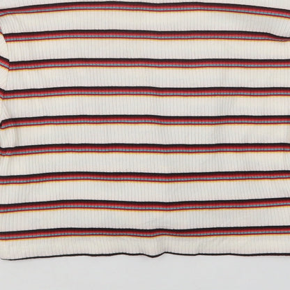 M & Co Girls Ivory Striped Cotton Basic Blouse Size 8-9 Years Crew Neck
