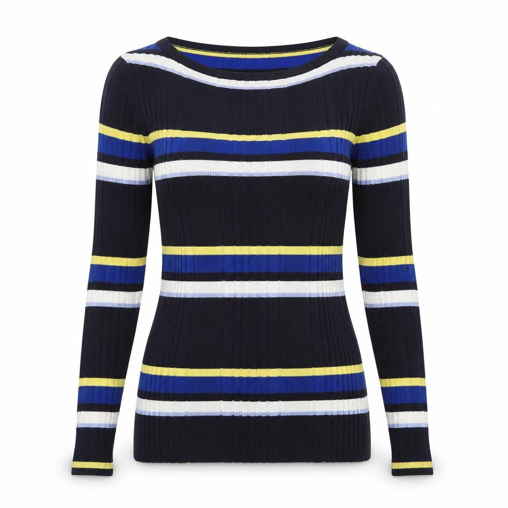 Front view of Marks & Spencer women’s blue boat neck striped viscose jumper, size UK 10
